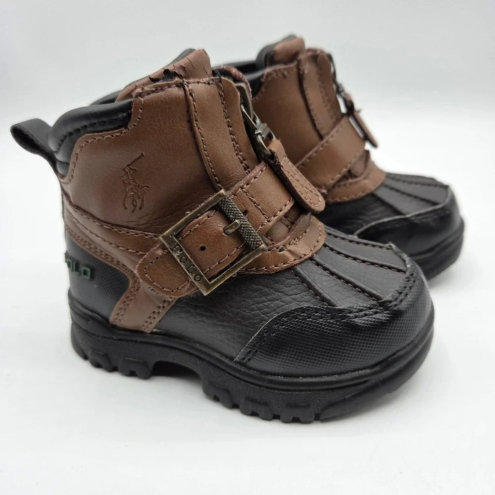 Polo Ralph Lauren Boys Country Mid‎ Zip Duck Boots Brown Black Size 4 Toddler